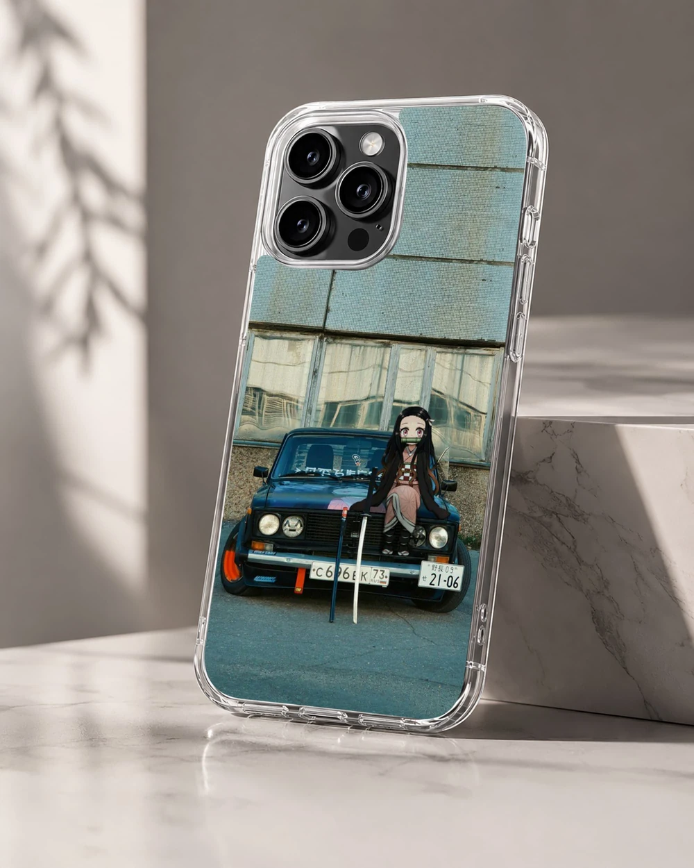 Anime JDM phone case design featuring a character and a car